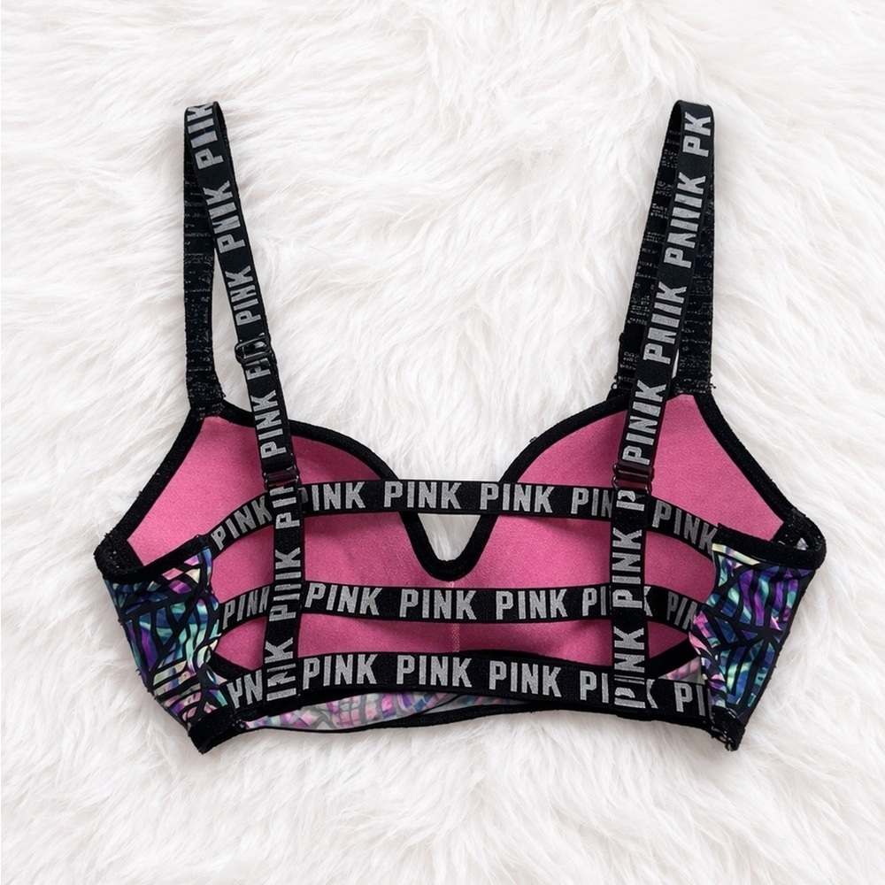 PINK Victoria’s Secret Geometric Strappy Back Bralette Size Small Colorful Logo - Picture 2 of 2